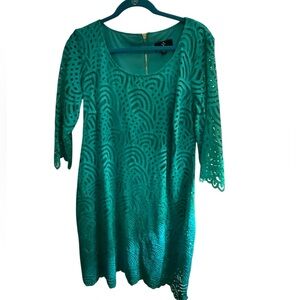 Ronni Nicole Teal Lace Dress 16W Lined Elegant Scalloped Sleeve